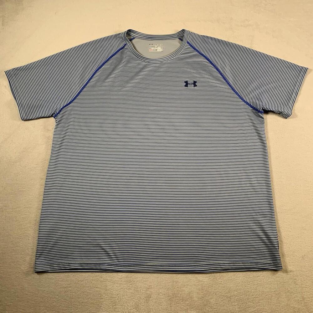 Under Armour Shirt Mens 2XL Blue Loose Fit Striped Short Sleeve Active Tee